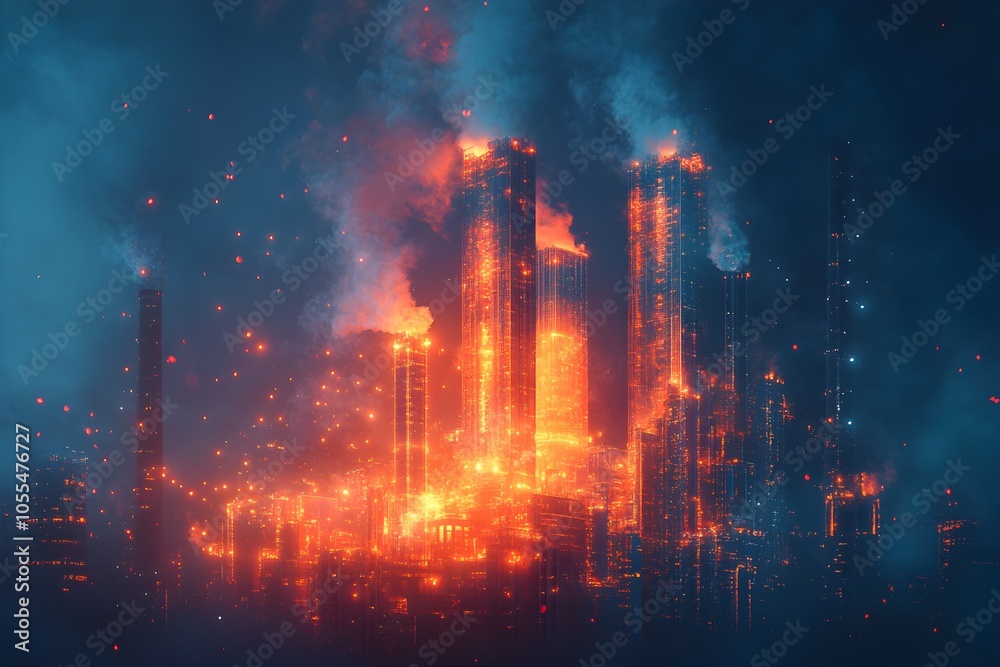 Fototapeta premium Skyscrapers with particles on a dark background, symbolizing energy. Generative AI