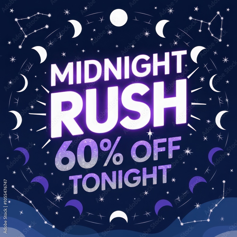Midnight rush promotion design with celestial theme and moon phases for night shopping event Midnight rush promotion design with celestial theme and moon phases for night shopping event