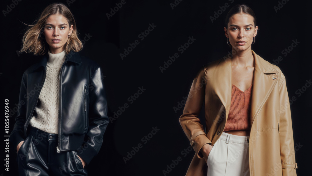 Stylish fashion portrait of two women in chic outerwear Stylish fashion portrait of two women in chic outerwear