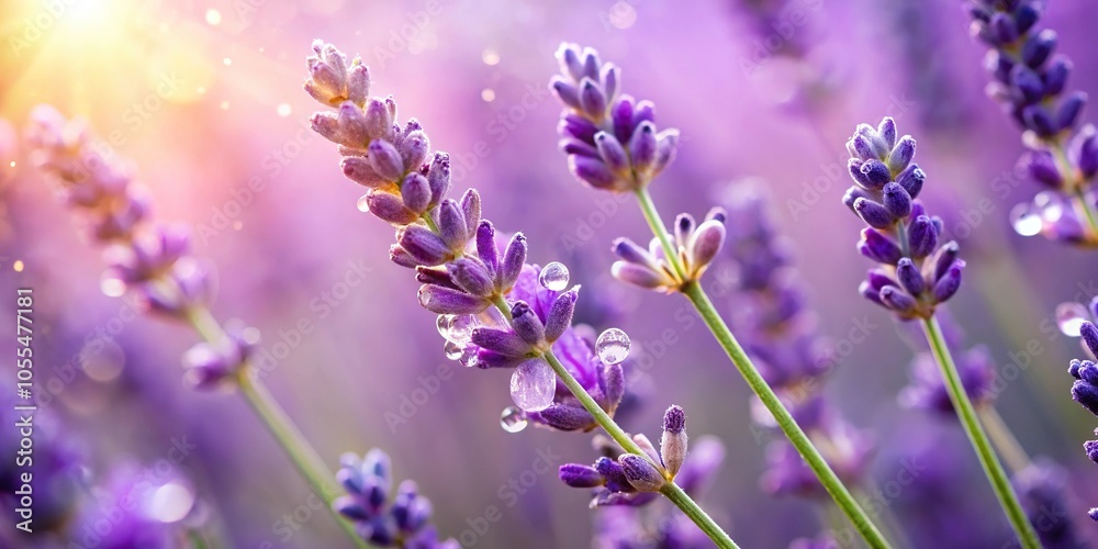 Close-up of lavender flowers with a single drop of dew, lavender, botanical
