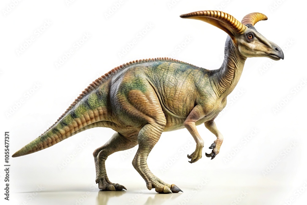 Obraz premium Parasaurolophus dinosaur on white background in wide-angle view