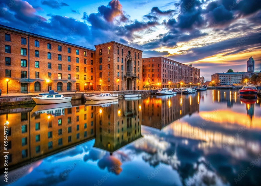 Obraz premium Long Exposure of Albert Dock, Victorian Warehouses at Night, Liverpool Cityscape, Water Reflection, Historic