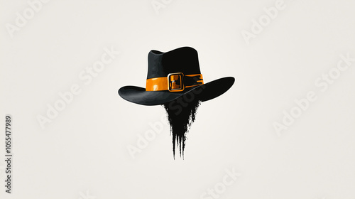 A modern minimalist illustration of a classic black Pilgrim hat with an orange belt and buckle, perfect for Thanksgiving-themed graphics, seasonal decor, and festive holiday projects. photo