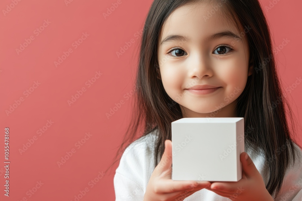 A young girl with long black hair smiles while holding a small white box in a cozy room with a pink background A young girl with long black hair smiles while holding a small white box in a cozy room with a pink background