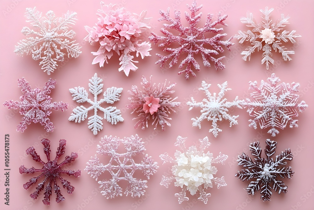Minimalist snowflakes on a plain background, soft pastel shades Minimalist snowflakes on a plain background, soft pastel shades
