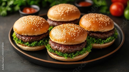 A close-up of four mouthwatering burgers on a plate. This image is perfect for advertising restaurants, fast food, or promoting a burger-themed event.