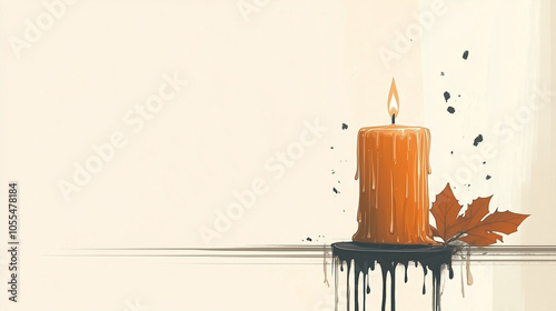 A minimalist illustration of an autumn-themed candle with dripping wax and a maple leaf, set against a light background, perfect for Thanksgiving and cozy seasonal designs. photo