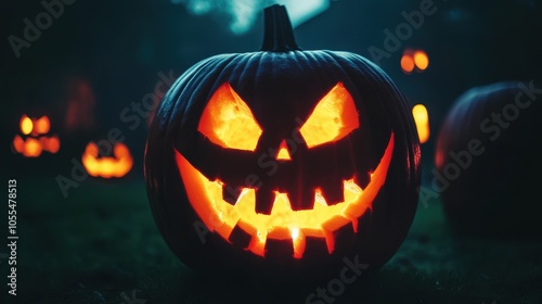 A glowing jack-o'-lantern with a menacing grin stands out against a dark backdrop, surrounded by softly lit pumpkins. scene embodies the eerie yet playful spirit of Halloween.