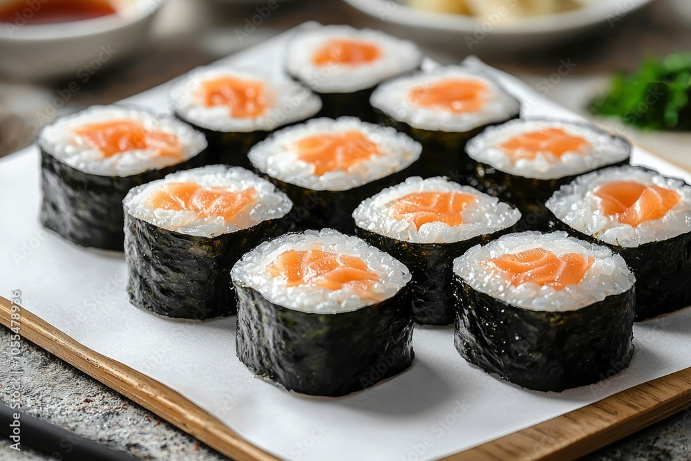 Close-up of Salmon Nigiri Sushi Rolls on a White Plate Close-up of Salmon Nigiri Sushi Rolls on a White Plate