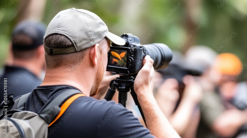 Obraz premium A photographer captures a butterfly in a lush outdoor setting, showcasing his focus and passion for wildlife photography, with fellow enthusiasts blurred in the background.