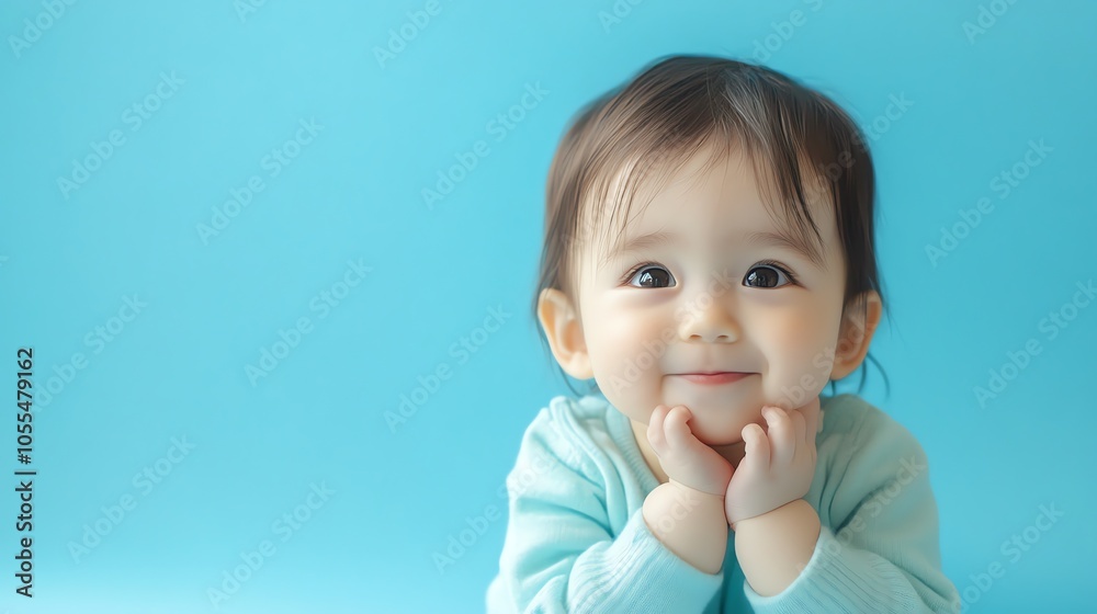 A baby girl with dark hair and big brown eyes smiles at the camera. A baby girl with dark hair and big brown eyes smiles at the camera.