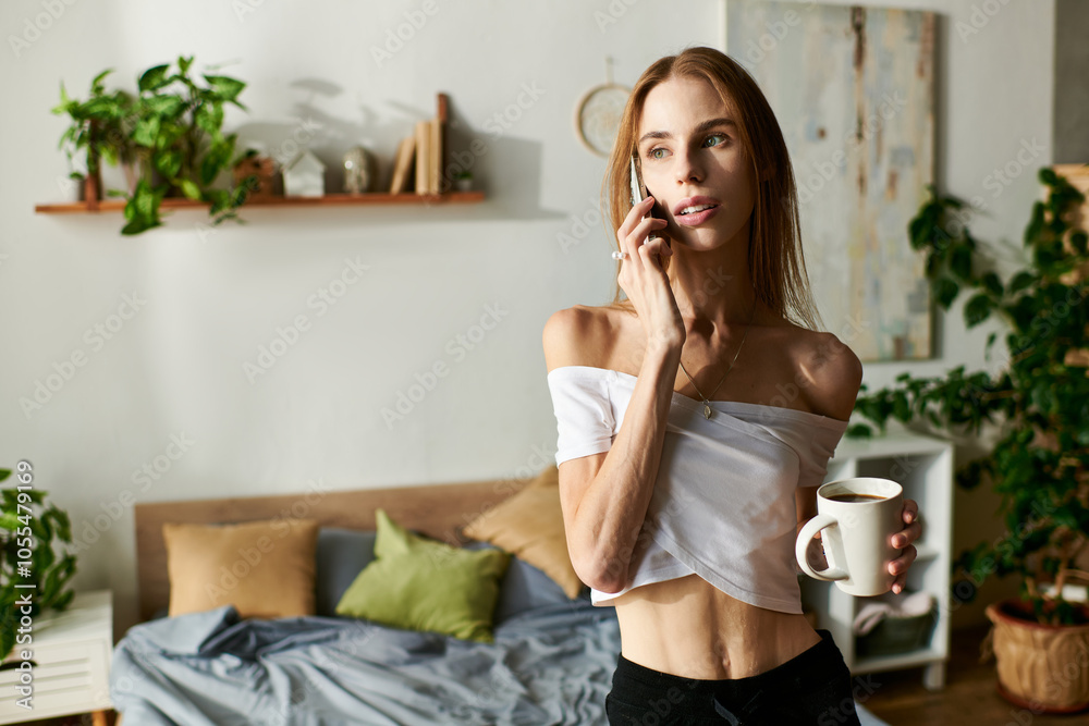 In her cozy home, a young woman with anorexia enjoys her morning coffee and shares a joyful phone conversation. In her cozy home, a young woman with anorexia enjoys her morning coffee and shares a joyful phone conversation.