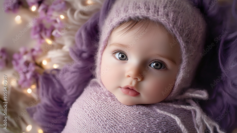 A close-up portrait of a baby girl with big blue eyes, wearing a purple knitted hat. A close-up portrait of a baby girl with big blue eyes, wearing a purple knitted hat.