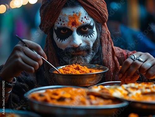 A man with white face paint eating food from a bowl photo