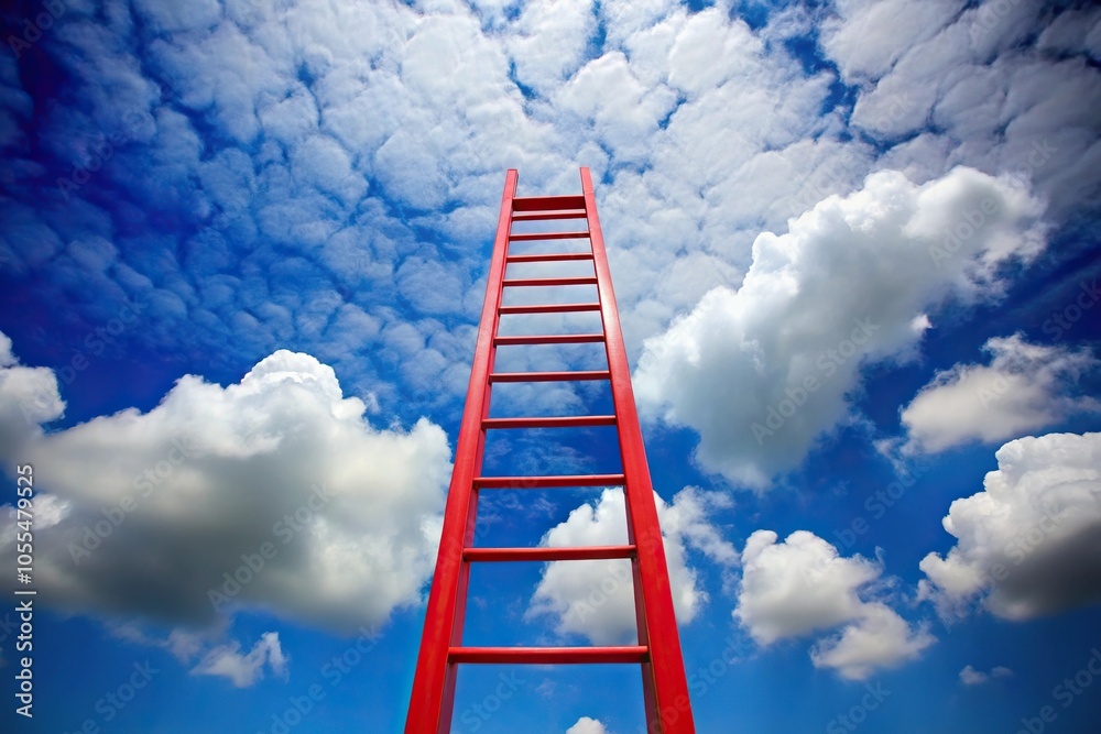 red ladder ascending into blue sky with clouds Low Angle