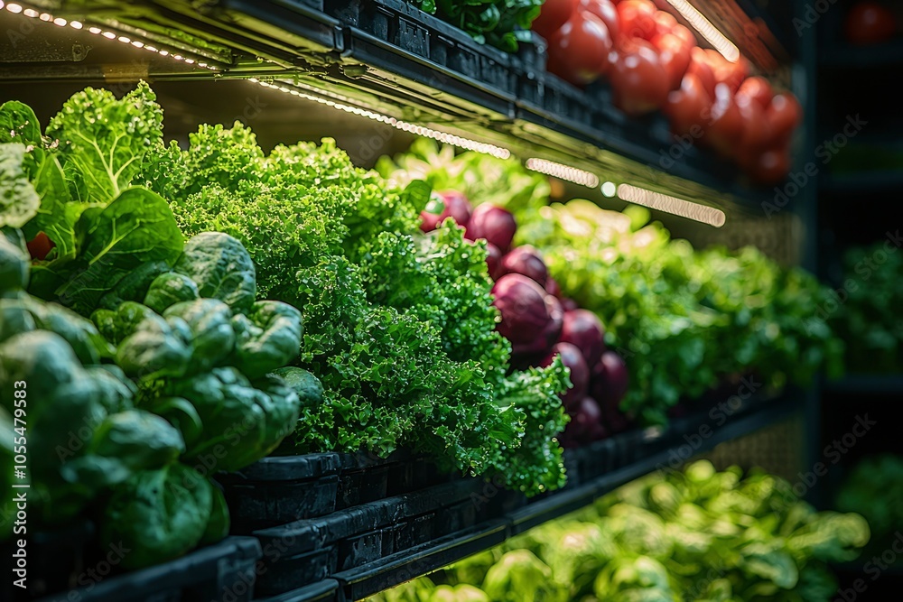 Fresh Greens Displayed on Shelves in a Grocery Store Fresh Greens Displayed on Shelves in a Grocery Store
