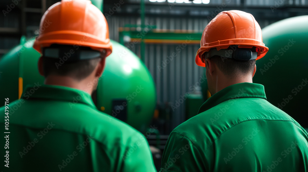 Two industrial workers in orange helmets and green uniforms stand in a manufacturing facility, focused on large green machinery, highlighting teamwork and safety in industry. Two industrial workers in orange helmets and green uniforms stand in a manufacturing facility, focused on large green machinery, highlighting teamwork and safety in industry.