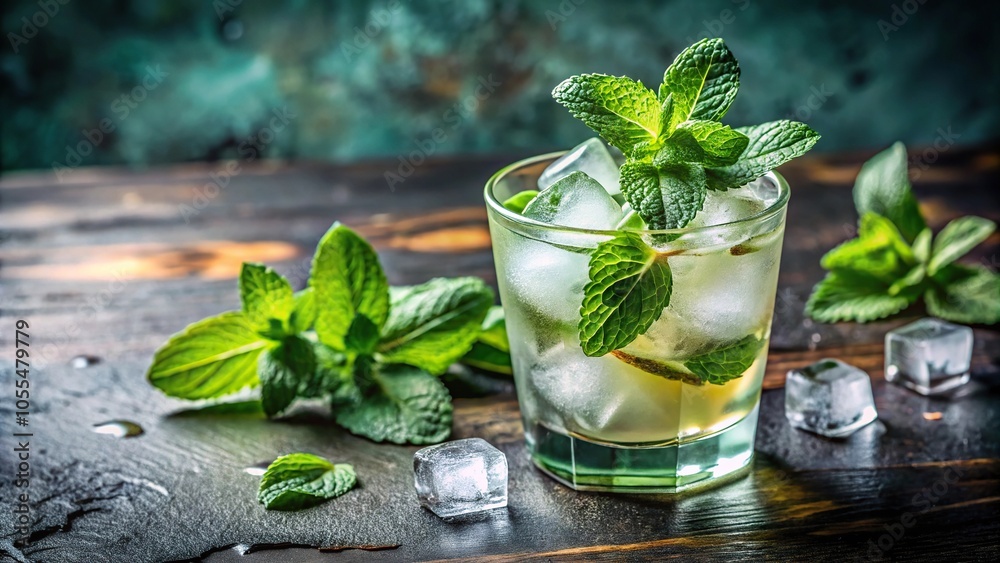 Refreshing summer drink in a glass with ice and garnished with mint leaves, glass, summer drinks Refreshing summer drink in a glass with ice and garnished with mint leaves, glass, summer drinks