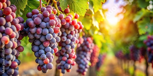 Ripe red wine grapes growing on vineyard grapevine at tilted angle