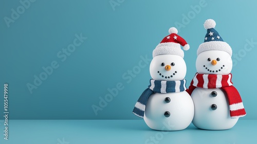 Snowman family with USA flag scarves, holiday background, 3D illustration