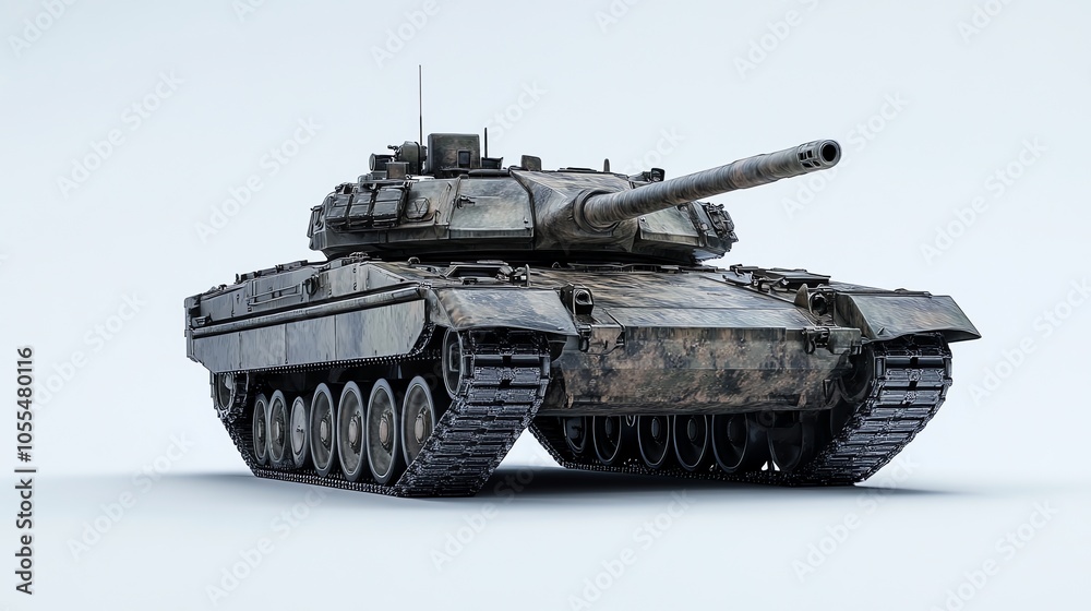 A tank with camouflage paint isolated on a white background. A tank with camouflage paint isolated on a white background.