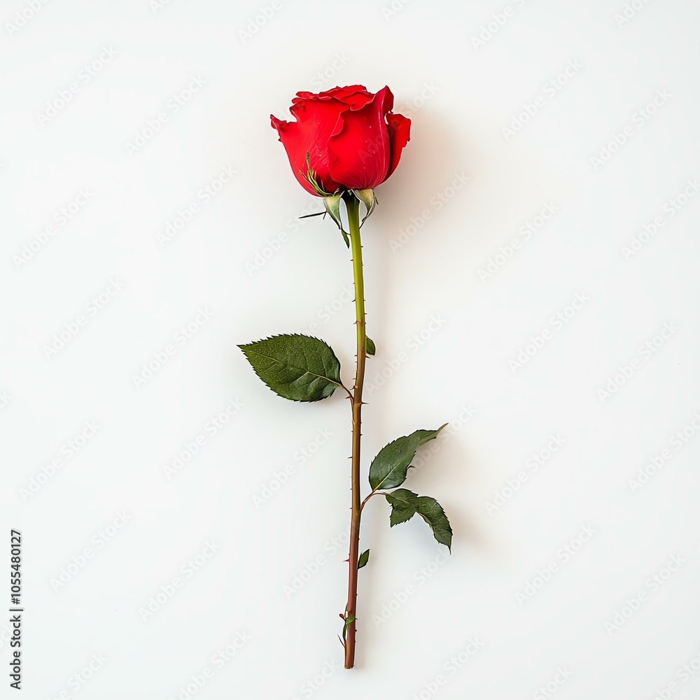 Single red rose, white isolate background