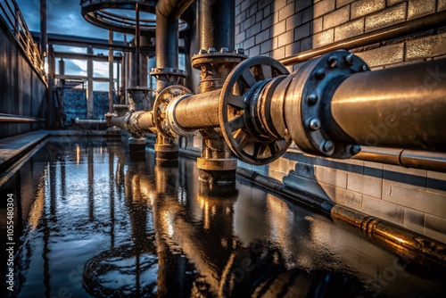 Low Light Photography of Coupling Water Pipe with Atmospheric Lighting Effects for Industrial Settings