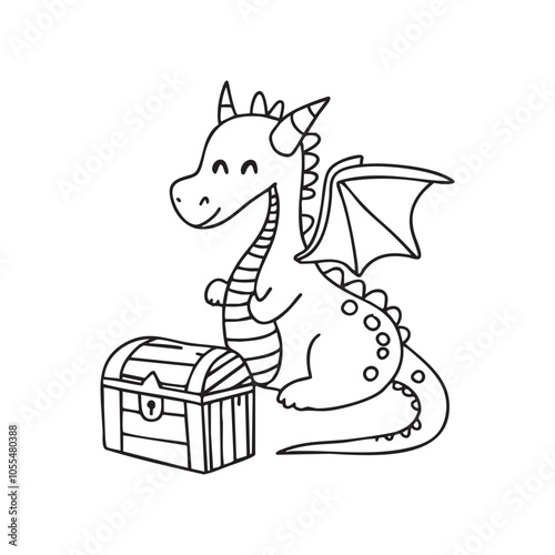 Dragon curled around a treasure chest 