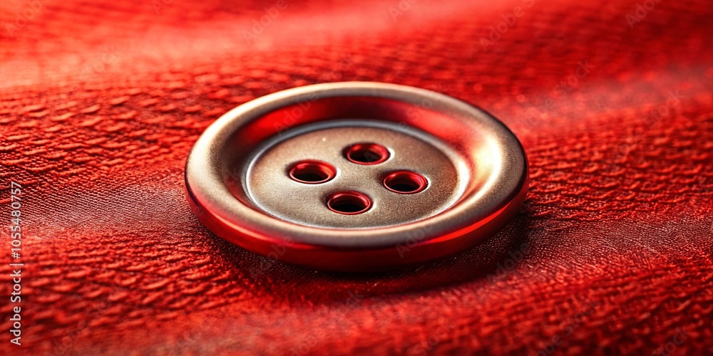 A close-up shot of a metallic button with four holes, nestled on a vibrant red fabric with a textured surface. A close-up shot of a metallic button with four holes, nestled on a vibrant red fabric with a textured surface.