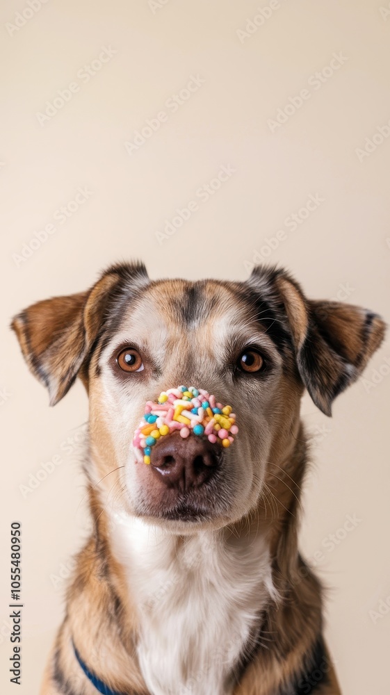 Brown dog with icing on nose in front of light beige background Brown dog with icing on nose in front of light beige background