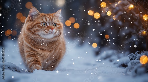 Cute cat pet enjoys snowy winter outdoor photo. Cute happy animal portrait. Seasonal banner design with place for text.