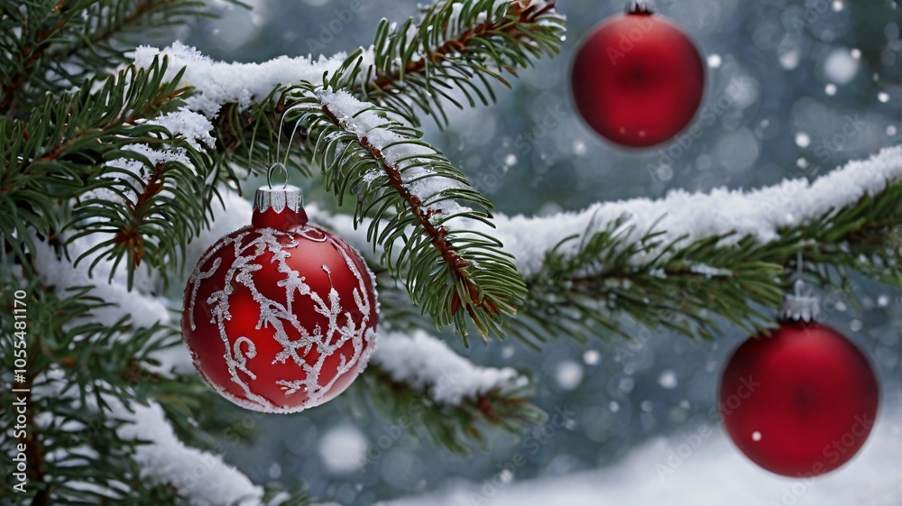 A close-up of a snow-covered fir tree branch adorned with red ornaments, twinkling lights, and festive decorations, set against a backdrop of snowflakes and a soft winter glow A close-up of a snow-covered fir tree branch adorned with red ornaments, twinkling lights, and festive decorations, set against a backdrop of snowflakes and a soft winter glow