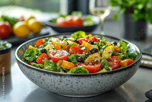 A Bowl of Fresh Salad with Tomatoes, Olives, and Greens