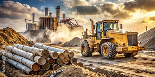 A heavy construction machine maneuvers through a dusty worksite, its large tires leaving tracks in the sandy ground, while a pile of cylindrical pipes waits to be moved. photo