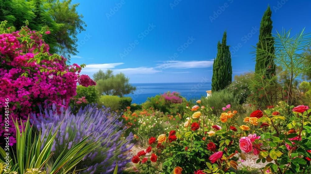 Obraz premium : A picturesque garden with colorful bougainvillea, roses, and lavender, under a flawless blue sky, the Mediterranean Sea shimmering in the distance