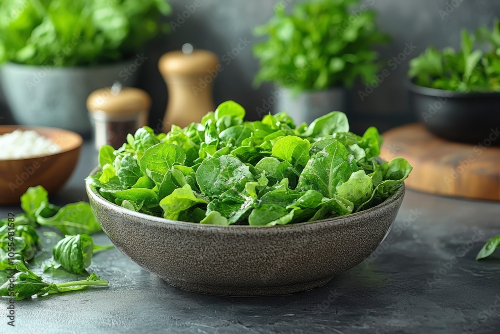 Fresh Green Spinach Leaves in a Bowl on a Dark Countertop Fresh Green Spinach Leaves in a Bowl on a Dark Countertop
