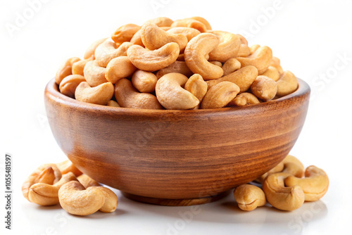 Cashew nuts in a bowl, isolated on white background