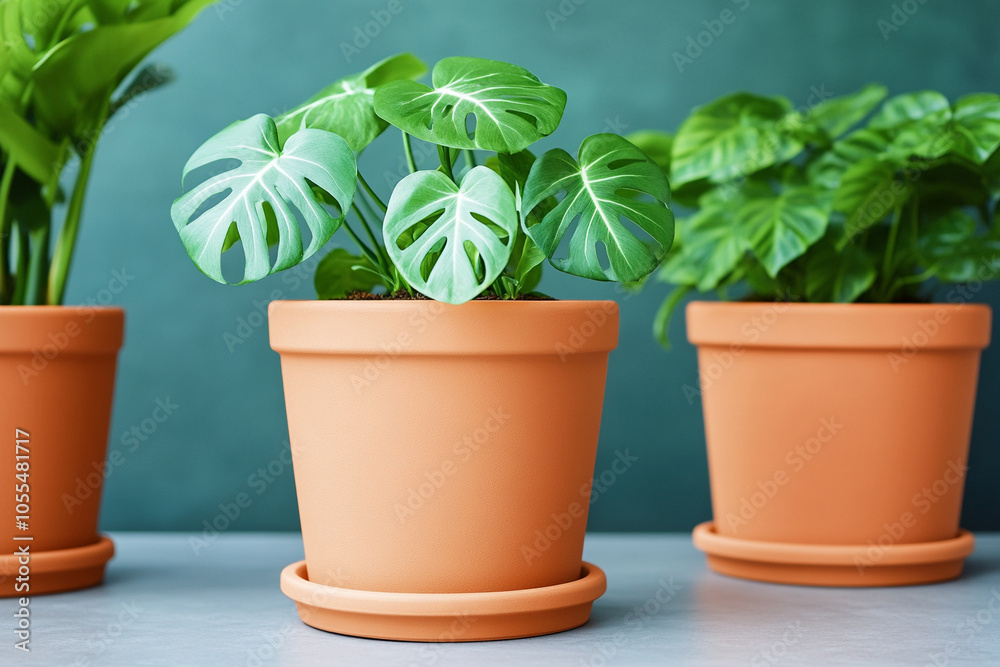 Potted green plants on a wooden table with a blurred background. Potted green plants on a wooden table with a blurred background.