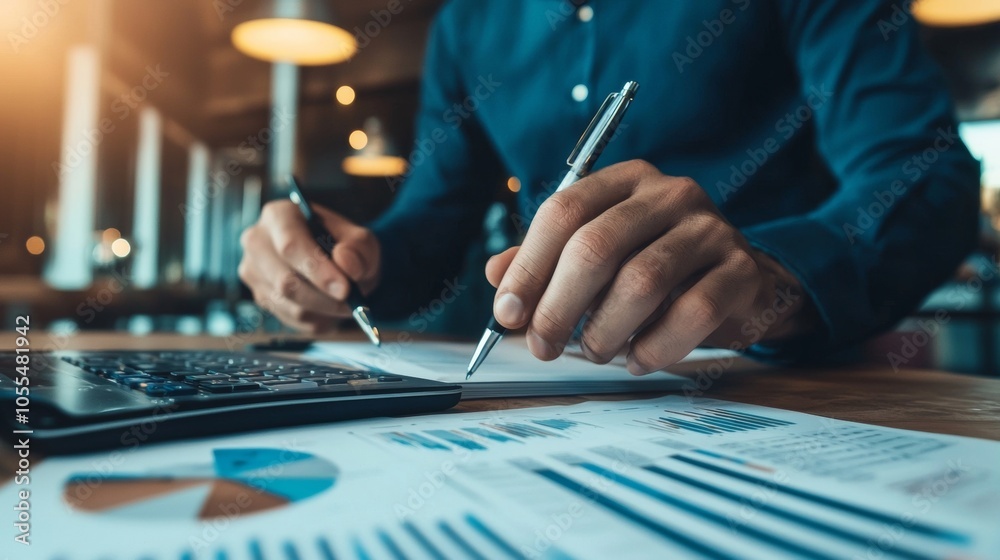 Hands writing on a paper with charts, using calculator Hands writing on a paper with charts, using calculator