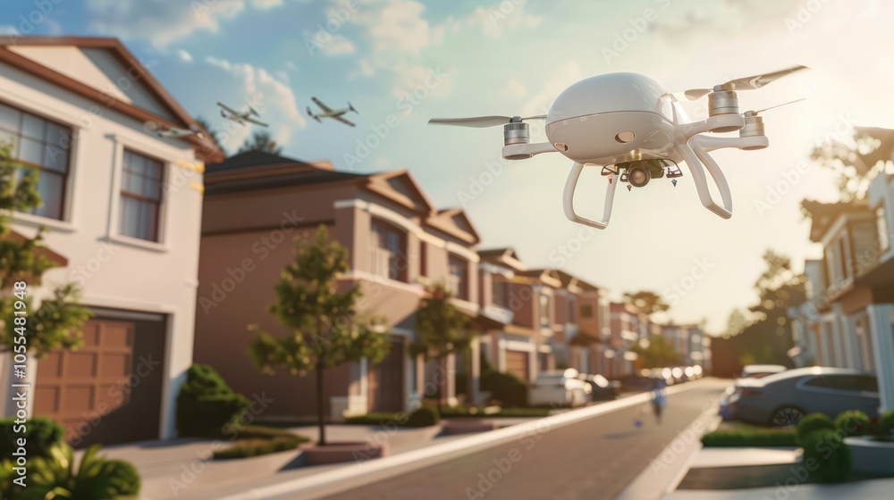 Drone flying over a suburban street Drone flying over a suburban street