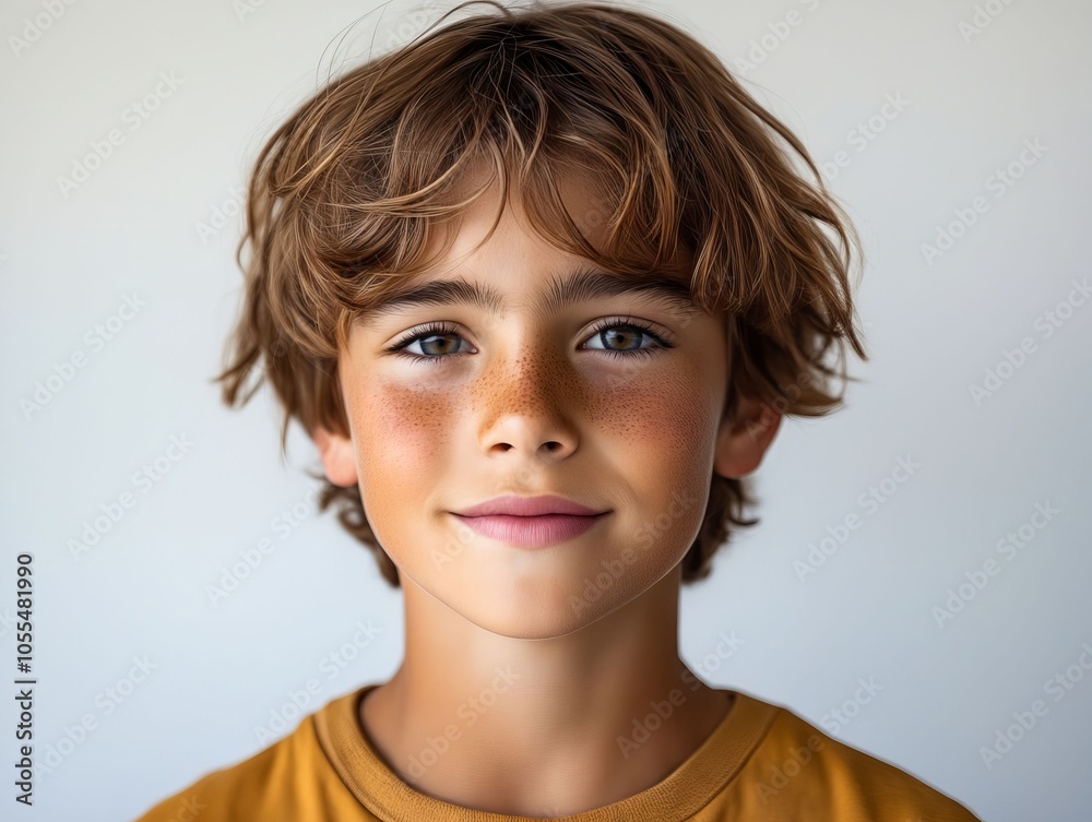A young boy with freckles on his face and a yellow shirt A young boy with freckles on his face and a yellow shirt