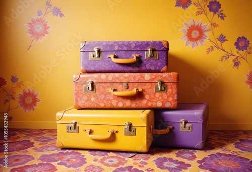 Three colorful suitcases on wheels against a bright yellow,white,purple background for train airporte treveling turkey treveling photo