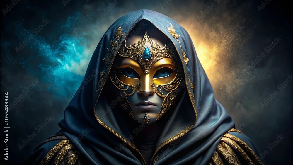 A mysterious figure shrouded in shadow, a golden mask adorned with intricate details, their eyes obscured, a veiled gaze that promises intrigue and secrets yet to be unveiled. A mysterious figure shrouded in shadow, a golden mask adorned with intricate details, their eyes obscured, a veiled gaze that promises intrigue and secrets yet to be unveiled.