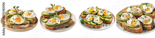 Delicious avocado toast topped with eggs, served on artisanal plates, showcasing vibrant colors and fresh ingredients.