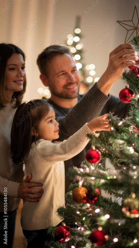Family decorating Christmas tree with young children, festive holiday joy Family decorating Christmas tree with young children, festive holiday joy
