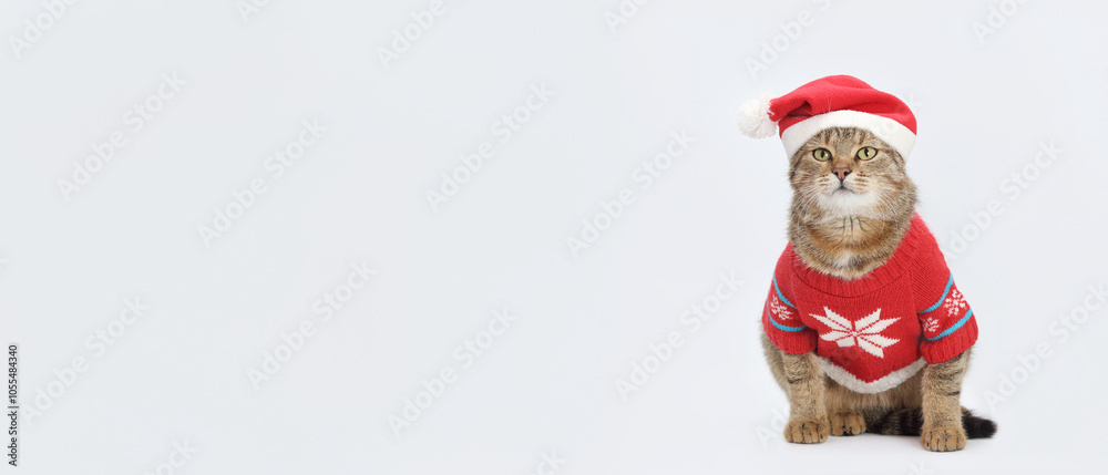 Studio portrait of a gray Santa Claus cat against a white backdground. Kitten wearing warm sweater and Kitten ready for cold winter. Happy New Year 2025. Greeting card. Copy space. Merry Christmas Studio portrait of a gray Santa Claus cat against a white backdground. Kitten wearing warm sweater and Kitten ready for cold winter. Happy New Year 2025. Greeting card. Copy space. Merry Christmas