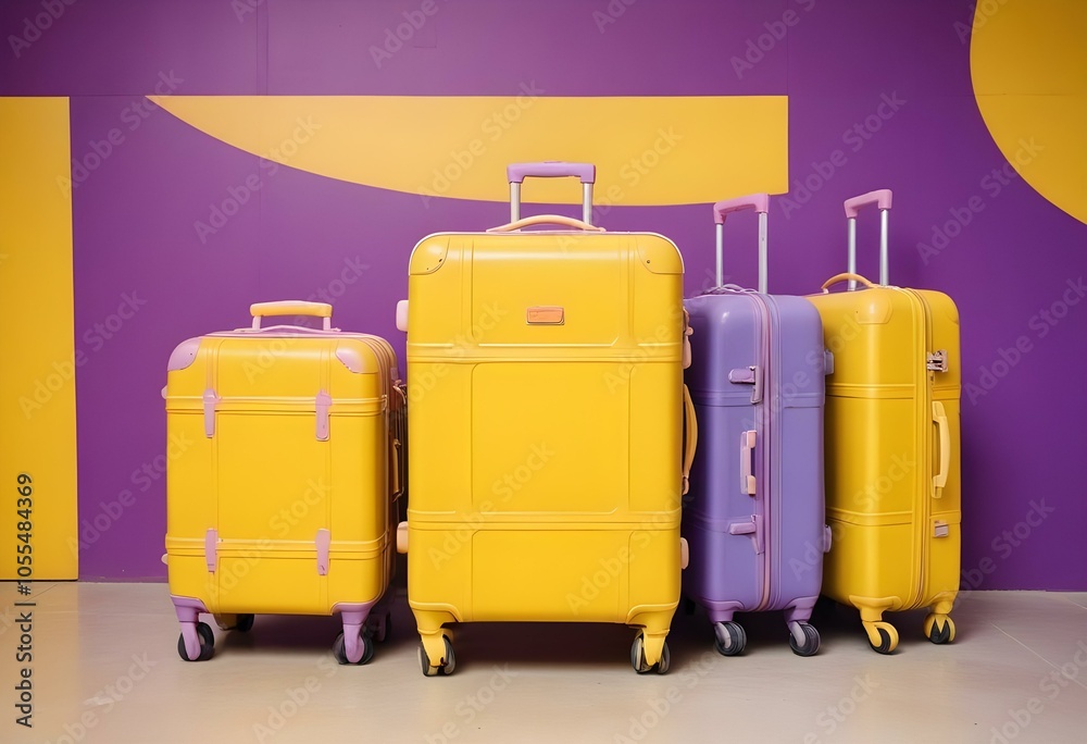 Three colorful suitcases on wheels against a bright yellow,white,purple background for train airporte treveling turkey treveling Three colorful suitcases on wheels against a bright yellow,white,purple background for train airporte treveling turkey treveling