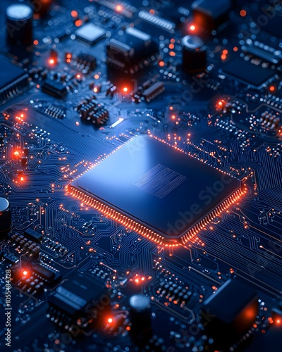 Close-up of a glowing microprocessor on a circuit board