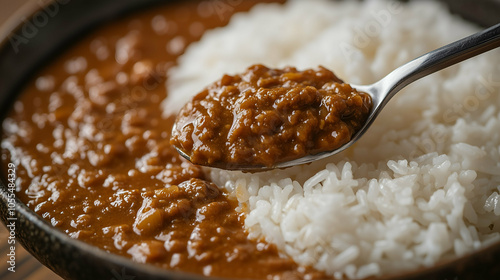 A close-up shot of a hearty beef curry served alongside fluffy white rice. The rich, thick curry sauce coats the spoon, highlighting its textured blend of spices and tender minced meat.