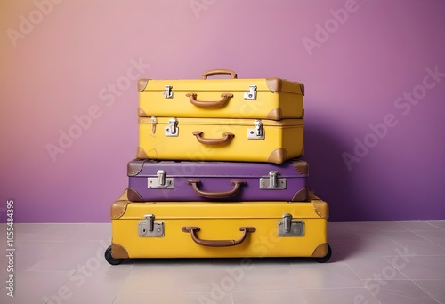 Three colorful suitcases on wheels against a bright yellow,white,purple background for train airporte treveling turkey treveling photo